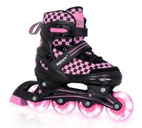 Nattork Adjustable Inline Skates for Kids Teens, Illuminating Wheels Blades Roller Skates with Checkerboard Design for Boys Girls Pink Size 10 13
