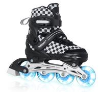 Nattork Adjustable Inline Skates for Kids Teens, Illuminating Wheels Blades Roller Skates with Checkerboard Design for Boys Girls Black Size 5 6 7 8
