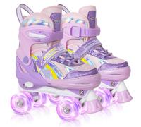 Nattork Girls Roller Skates for Little Kids Toddler Ages 5-8 4 5 6 7, 4 Size Adjustable Rainbow Quad Skates with All Light Up Wheels - Best Birthday Gift for Outdoor Sports