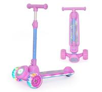 Nattork Kids Scooter with Light Up Wheels, Deck and Headlight, Wide Anti-Slip Deck and T-bar Handle with Rear Foot Brake, Adjustable Height 3 Wheel Scooter for Kids Ages 3+ and up to 220Lbs- Purple