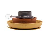 Nattou Feeding Dinner Set or Tableware (Plate, Bowl, Cup, Spoon), Baby-Led Weaning, BPA Free Silicone, 100 Percent Recyclable Packaging, 4-Piece Set, 4 Months+, Curry and Terracotta Color