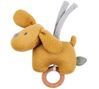 Nattou Musical Plush Soft Toy with Teething Ring and Ties, Cuddly Sleeping Aid, Integrated Music Box, No Batteries Needed, Hand Washable, PETA-Approved Vegan, Jacquard, Charlie the Dog, Caramel, 20 cm