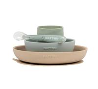 Nattou Silicone 4-Piece Tableware for Children, 1 spoon, 1 cup, 1 plate, 1 bowl, non-slip, BPA-free, Silicone, Green/Beige