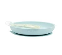 Nattou Silicone Tableware for Kids, Non-Slip Plate + Spoon, BPA Free, Silicone, Light Blue/Green
