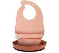Nattou Silicone Tableware Set for Children, 4-pcs, 1 Spoon, 1 Plate, 1 Bowl, 1 bib with drip Tray, BPA-Free, Silicone, Pink/Brown
