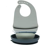 Nattou Silicone Tableware Set for Children, 4-pcs, 1 Spoon, 1 Plate, 1 Bowl, 1 bib with drip Tray, BPA-Free, Silicone, Green/Blue