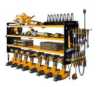NattyDot Power Tool Organizer Wall Mount with Charging Station,Cordless Tool Organizer 8 Drill Holder, 4 Layer Storage Rack for Garage Organization,Tool Holder with 8 Outlet Power Strip(Yellow)