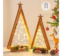 NatuBeau 2 Pcs Triangle Tabletop Wooden Christmas Tree with Lights, Modern Farmhouse Rustic Christmas Decor, Small Lighted Xmas Tree for Kitchen Mantle Shelf Living Room(14.2" Large / 11" Small)