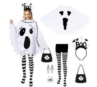 NatuBeau 6 PCS Halloween Ghost Costume Women, Double-Sided Ghost Poncho with Headband, Striped Tights, Candy Bag, Earrings and Brooch, Halloween Costume with Accessories for Cosplay Party