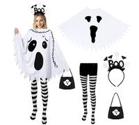 NatuBeau 6PCS Halloween Ghost Costume Women, Double-Sided Ghost Poncho with Headband, Striped Tights, Candy Bag, Earrings and Brooch, Halloween Costume with Accessories for Cosplay Party