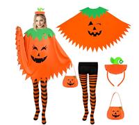 NatuBeau 6PCS Halloween Pumpkin Costume for Women, Double-Sided Pumpkin Poncho with Headband, Striped Tights, Bag, Earrings and Brooch, Halloween Costume with Accessories for Cosplay Party
