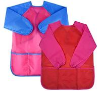NATUCE 2 Pack Kids Art Smock Toddler Children Painting Apron, Waterproof Play Apron Long Sleeves With 3 Roomy Pockets Age 3-7 Years Girls And Boys for Painting, Craft, Water Play, Eating(Pink+Red)
