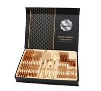 Natudeco 24Pcs Stainless Steel Flatware Set Steak Fork Spoon Set Mirror Finish Cutlery for Home Restaurant Use (Golden)