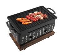 Natudeco Japanese Style BBQ Stove Rectangular Portable Japanese Cuisine Charcoal Tabletop Barbecue Grill with Wood Tray for Outdoor Camping Picnic Party