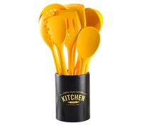 Natudeco Silicone Kitchen Cooking Utensils Set - Spatula, Turner, Soup Ladle & More - Non Stick, High Temp Resistant, Easy to Clean & Store - Yellow & Black