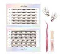 Natuhana Natural Cluster Lashes 240Pcs Individual DIY Eyelash Extension Kit 8-16mm C Curl Fluffy Wispy Lash with Glue and Tweezers,Brown