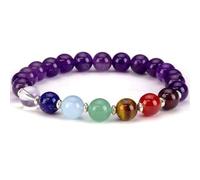 Natural 7 Chakra & Amethyst 10mm Smooth Cut Beads Gemstone Stretch Bracelet Round Shape Stone Multi Color 7 Inch Stretchable Wristband For Unisex Healing Meditation Gift & Luck |L_STBC_00021_7.5