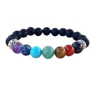 Natural 7 Chakra & Black Lava 10mm Smooth Cut Beads Gemstone Stretch Bracelet Round Shape Stone Multi Color 7 Inch Wristband For Unisex Healing Meditation Prosperity Gift & Luck |L_STBC_00026_7