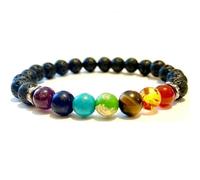 Natural 7 Chakra & Black Lava 8mm Smooth Cut Beads Gemstone Stretch Bracelet Round Shape Stone Multi Color 7 Inch Stretchable Wristband For Unisex Healing Meditation Gift & Luck |L_STBC_00030_8