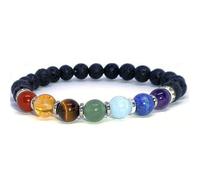 Natural 7 Chakra & Black Lava 8mm Smooth Cut Beads Gemstone Stretch Bracelet Round Shape Stone Multi Color 7 Inch Stretchable Wristband For Unisex Healing Meditation Gift & Luck |L_STBC_00031_6.5