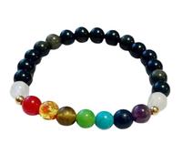 Natural 7 Chakra & Black Obsidian 8mm Smooth Cut Beads Gemstone Stretch Bracelet Round Shape Stone Multi Color 7 Inch Wristband For Unisex Healing Meditation Prosperity Gift & Luck |L_STBC_00036_8
