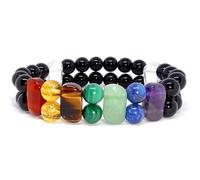 Natural 7 Chakra & Black Onyx 8-16mm Smooth Cut Beads Gemstone Stretch Bracelet Round & Oval Shape Stone Multi Color 7 Inch Wristband For Unisex Healing Meditation Gift & Luck |L_STBC_00038_6.5