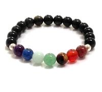 Natural 7 Chakra & Black Onyx 8mm Smooth Cut Beads Gemstone Stretch Bracelet Round Shape Stone Multi Color 7 Inch Stretchable Wristband For Unisex Healing Meditation Gift & Luck |L_STBC_00043_6.5