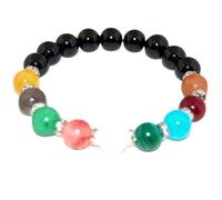 Natural 7 Chakra & Black Tourmaline 12mm Smooth Cut Beads Gemstone Stretch Bracelet Round Shape Stone Multi Color 7 Inch Wristband For Unisex Healing Meditation Prosperity Gift & Luck |L_STBC_00051_7