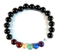 Natural 7 Chakra & Black Tourmaline 8mm Smooth Cut Beads Gemstone Stretch Bracelet Round Shape Stone Multi Color 7 Inch Wristband For Unisex Healing Meditation Prosperity Gift & Luck |L_STBC_00055_6.5