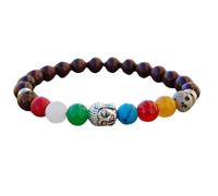Natural 7 Chakra & Brown Agate 8mm Smooth & Faceted Cut Beads Gemstone Stretch Bracelet Round Shape Stone Multi Color 7 Inch Wristband For Unisex Healing Meditation Gift & Luck |L_STBC_00058_6.5