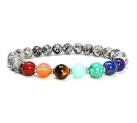 Natural 7 Chakra & Gray Jasper 8mm Smooth Cut Beads Gemstone Stretch Bracelet Round Shape Stone Multi Color 7 Inch Wristband For Unisex Healing Meditation Prosperity Gift & Luck |L_STBC_00069_6.5
