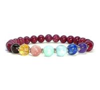 Natural 7 Chakra & Rhodonite 8mm Smooth Cut Beads Gemstone Stretch Bracelet Round Shape Stone Multi Color 7 Inch Stretchable Wristband For Unisex Healing Meditation Gift & Luck |L_STBC_00093_8