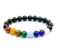 Natural 7 Chakra & Shungite 8mm Smooth Cut Beads Gemstone Stretch Bracelet Round Shape Stone Multi Color 7 Inch Stretchable Wristband For Unisex Healing Meditation Gift & Luck |L_STBC_00103_7.5