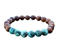 Natural African Turquoise & Wood Beads 8mm Smooth Cut Beads Gemstone Stretch Bracelet Round Shape Stone Multi Color 7 Inch Wristband For Unisex Healing Meditation Gift & Luck |L_STBC_00213_7.5