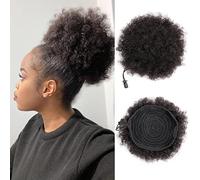 Natural Afro Puff Drawstring Ponytail Real Human Hair Extensions Kinky Curly Black Ponytail Hair Puffs Fake Bun Hair pieces Short Clip In Ponytails for Black Women Girls Kids Middle Size 6 Inch 40g
