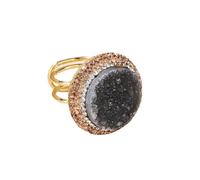 Natural Agate Druzy Adjustable Ring - Raw Crystal Geode Round Gold Plated Statement Ring for Women, Boho Healing Jewelry