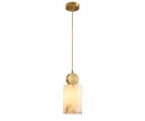 Natural Alabaster Pendant Light, Cube or Cylinder Marble Hanging Lamp | Snowflake Stone Shade, Brass-Tone Details, Adjustable Cord, G9 Socket, Bedroom, Kitchen Island, Dining Room