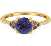 Natural Alexandrite Ring 8 mm Round Cut Solitaire Engagement Ring june Birthstone 925 Sterling Silver 14K Yellow Gold Plated Color Change Gem Gift for Her (Q)