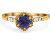 Natural Alexandrite Ring 8 mm Round Cut Solitaire Engagement Ring june Birthstone 925 Sterling Silver 14K Yellow Gold Plated Color Change Gem Gift for Her (L)