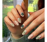 Natural Almond Shaped Press On Nails 24pcs Short Light Beige Green Gradient Glossy - Elegant Geometric Art Decor with Silver Accent Lines and Clover Design for Stylish Manicure