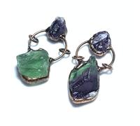 Natural Amethyst and Fluorite Crystal Pendant - Raw Green Fluorite and Purple Amethyst Gemstone Necklace with Bronze Setting, Healing Crystal Jewelry for Women