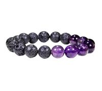 Natural Amethyst & Black Lava 10mm Smooth Cut Beads Gemstone Stretch Bracelet Round Shape Stone Multi Color 7 Inch Wristband For Unisex Healing Meditation Prosperity Gift & Luck |L_STBC_00447_7.5