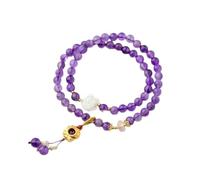 Natural amethyst bracelet, 6mm crystal beads with white lotus pendant, handmade double-strand design for women, serene and can be stacked.