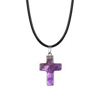 Natural Amethyst Crystal Necklace Cross Gemstone with Black Leather Cord Pendant Necklace Reiki Healing Crystal Necklace Chakra Jewelry Gift for Women Men