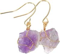 Natural Amethyst Drop Earrings Hypoallergenic Material, Handcrafted Craftsmanship, Exquisite Detail Women, Handmade Irregular Crystal Stone Dangle Earrings with Gold Wire Wrap, Trendy Beaded Jewelr...