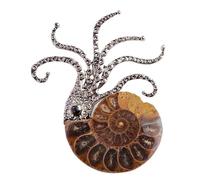Natural Ammonite Brooch with Octopus Tentacle Design, Handcrafted Silver Alloy Statement Pin, Vintage Artisan Collectible Jewelry Oceanic Style for Women Men