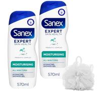 Natural and Gentle Shower Gel and Mesh Loofah Bundle for Sensitive Skin - with Sanex Expert Skin Health Moisturising 2 x 570ml and 80g Body Puff - Cleanses Hydrates and Protects