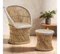 Orsina Comfortable Natural And Grey Chair And Stool, Handwoven Rattan Design Armchair, Sustainable Bamboo Chair