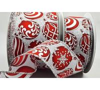 Natural and Red/White and Red Xmas Bauble Ribbon, Wire Edge with Silver Sparkle 38mm x 1m Cut from roll (White and Red)