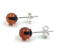 Natural Baltic Amber Sterling Silver Small Ball Stud Earrings ( Brown color)